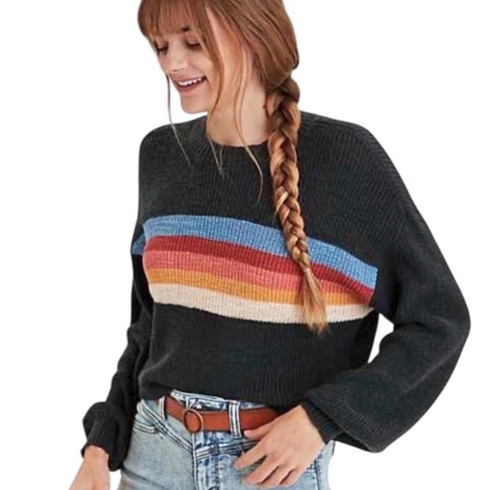 American Eagle Cropped Rainbow Stripe Gray Knit Sweater Sz M Preppy Cute ASO TV